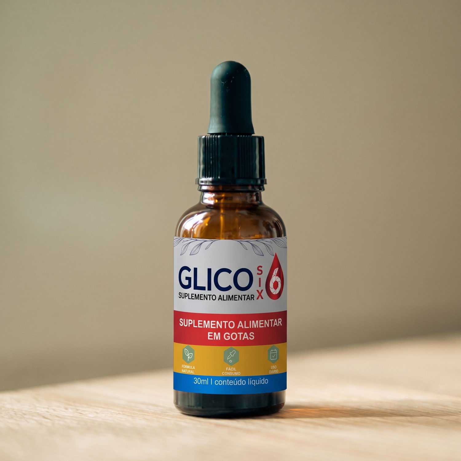 Frasco de GlicoSix sobre uma superfície de madeira